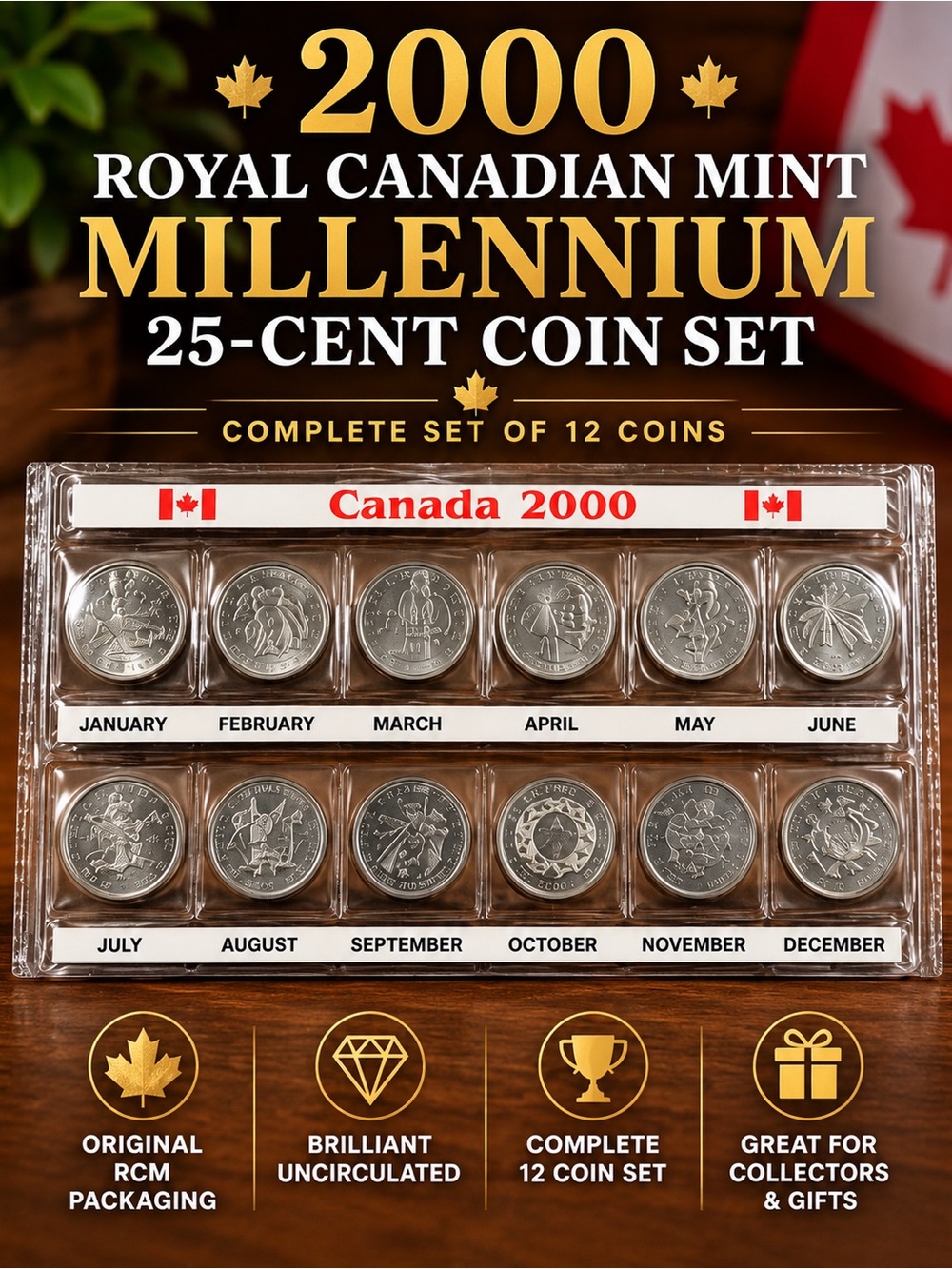 2000 Canada Millennium Quarters Complete 12 Coin Set RCM Uncirculated
